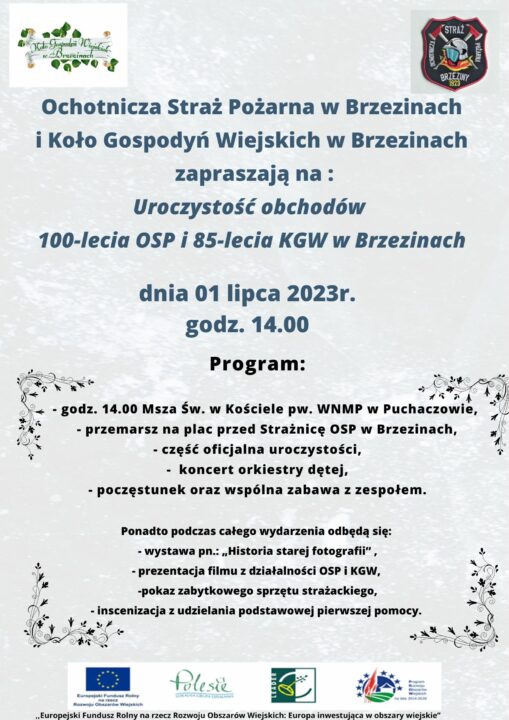 Miniaturka artykułu Ochotnicza Straż Pożarna w Brzezinach i Koło Gospodyń Wiejskich w Brzezinach zapraszają na Uroczystość obchodów 100-lecia OSP i 85-lecia KGW w Brzezinach dnia 01 lipca 2023r. godz. 14.00