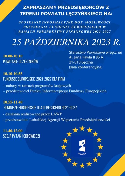 Miniaturka artykułu Zaproszenie Przedsiębiorców z terenu Powiatu Łęczyńskiego na spotkanie informacyjne dot. możliwości pozyskiwania funduszy europejskiej w ramach perspektywy finansowej 2021-2027