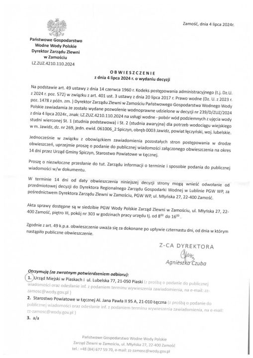 Miniaturka artykułu Obwieszczenie Dyrektora Zarządu Zlewni w Zamościu PGWWP z dnia 4 lipca 2024 r.
