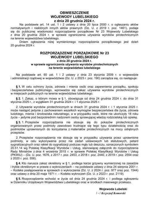 Miniaturka artykułu ROZPORZĄDZENIE WOJEWODY LUBELSKIEGO w sprawie ograniczenia używania wyrobów pirotechnicznych na terenie województwa lubelskiego