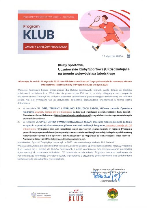 Miniaturka artykułu Zmiany w Programie KLUB dla Klubów Sportowych z terenu województwa lubelskiego.