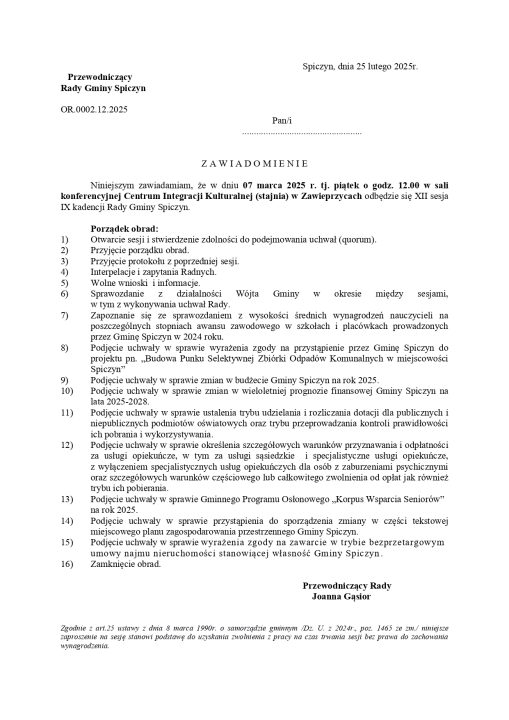 Miniaturka artykułu Zawiadomienie o XII sesji Rady Gminy Spiczyn