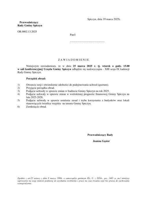 Miniaturka artykułu Zawiadomienie o posiedzeniu nadzwyczajnej Sesji Rady Gminy oraz posiedzeniu Komisji Stałych