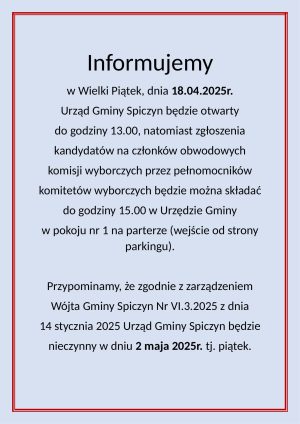Miniaturka artykułu Godziny pracy urzędu w Wielki Piątek (18.04.2025) oraz przypomnienie o dniu wolnym 2 maja 2025 r.