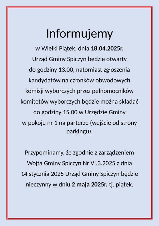 Miniaturka artykułu Godziny pracy urzędu w Wielki Piątek (18.04.2025) oraz przypomnienie o dniu wolnym 2 maja 2025 r.