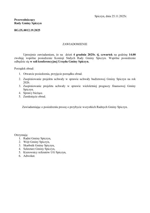 Miniaturka artykułu Zawiadomienie o wspólnym posiedzeniu Komisji Stałych Rady Gminy Spiczyn – 4 grudnia 2025 r.