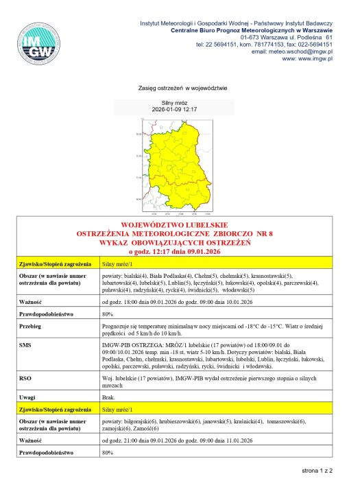 Miniaturka artykułu OSTRZEŻENIE METEOROLOGICZNE O SILNYM MROZIE 09.01.2026 – 10.01.2026