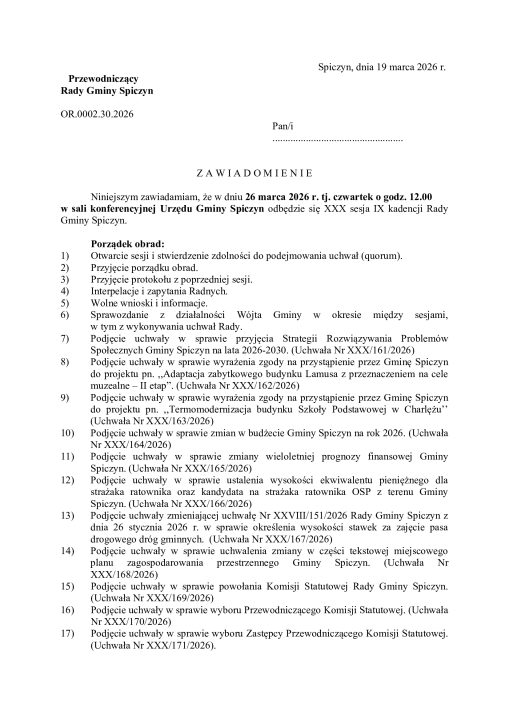 Miniaturka artykułu Zawiadomienie o XXX sesji IX kadencji Rady Gminy Spiczyn oraz o posiedzeniu Komisji