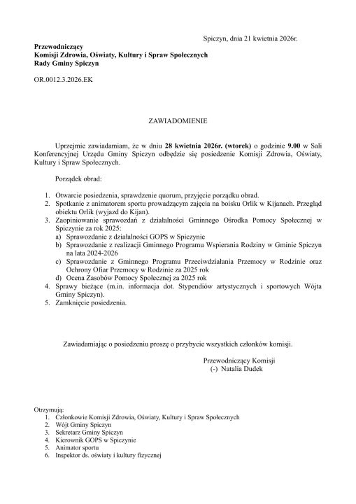 Miniaturka artykułu Zawiadomienie o posiedzeniu Komisji Zdrowia, Oświaty, Kultury i Spraw Społecznych