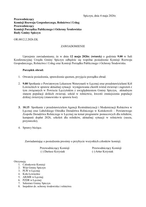 Miniaturka artykułu Zawiadomienie o posiedzeniu Komisji Rozwoju Gospodarczego, Rolnictwa i Usług oraz Komisji Porządku Publicznego i Ochrony Środowiska Rady Gminy Spiczyn