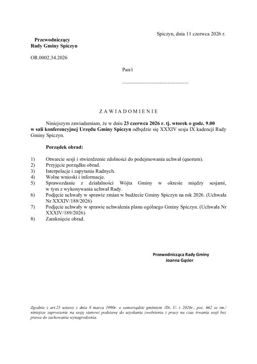 Miniaturka artykułu Zawiadomienie o XXXIV sesji Rady Gminy Spiczyn oraz o wspólnym posiedzeniu komisji