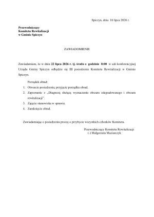 Miniaturka artykułu Zawiadomienie o posiedzeniu Komitetu Rewitalizacji w Gminie Spiczyn